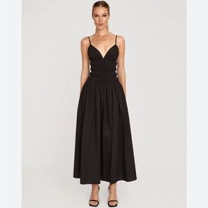 Sau Lee Brielle Midi Dress Black 100% Cotton Smock Waist V-Neck Back Zipper Sz 8